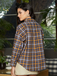 Campus Sutra Women Comfort Spread Collar Micro Checked Cotton Oversized Casual Shirt
