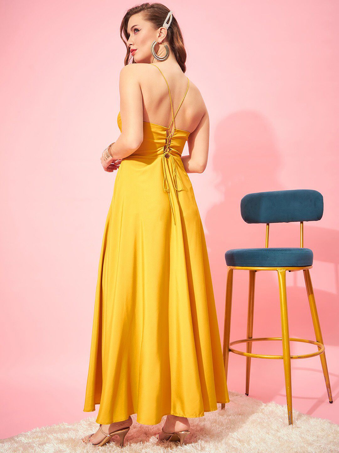 Berrylush Yellow Shoulder Straps Tie Ups Maxi Dress