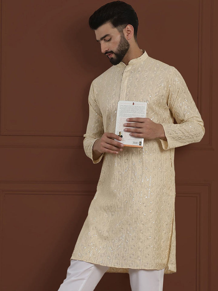 SOJANYA LUXE Bunga Sulam Labuci Mandarin Kolar Kapas Sutera Lurus Kurta