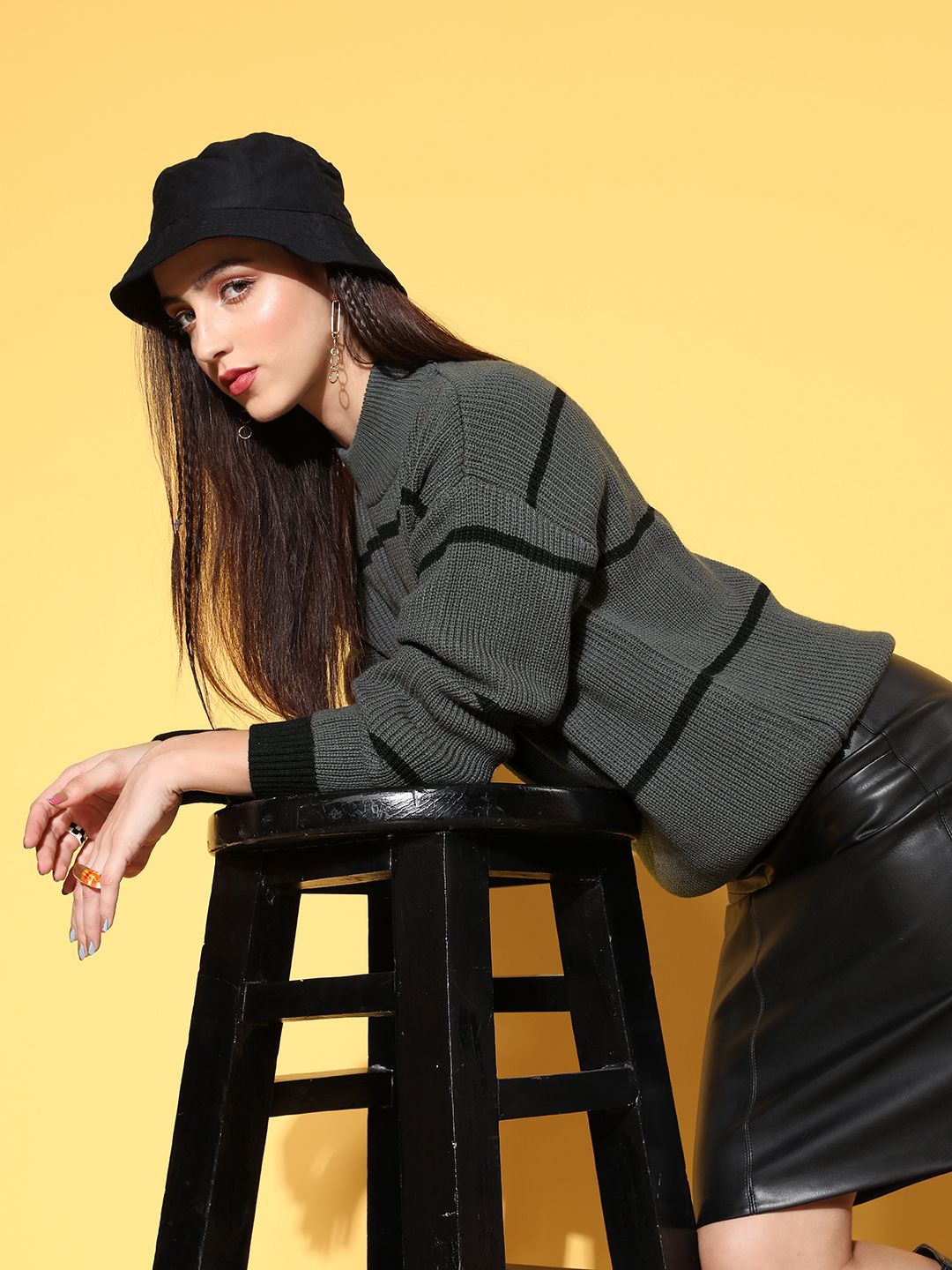 Berrylush Women Charcoal Striped Knits Bits Sweater