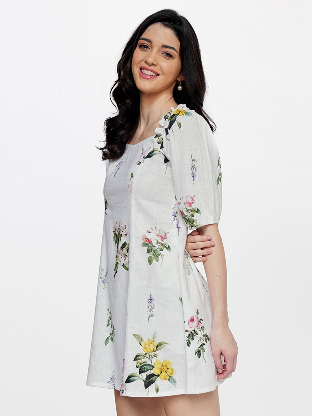 AND Floral Printed Square Neck Puff Sleeve A-Line Dress