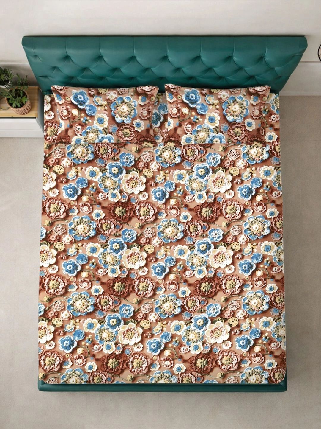 Moda Rapido X KLOTTHE Coklat & Biru Bunga 300 TC Cadar King dengan 2 Sarung Bantal