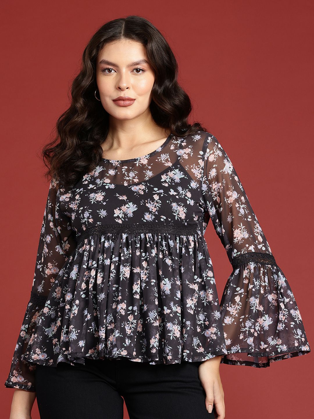 all about you Floral Printed Semi Sheer Gathered A-Line Top