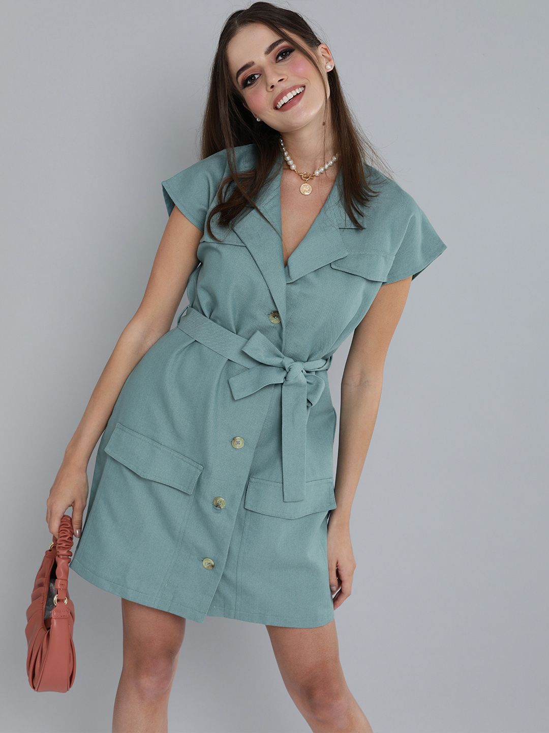 SASSAFRAS Sea Green Extended Sleeved Shirt Dress With Waist Tie-Up Detail