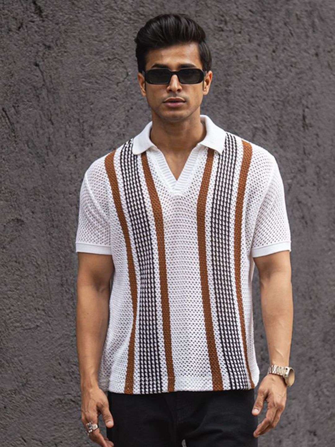 Powerlook Men Solid Striped Polo Collar Polyester T-Shirt