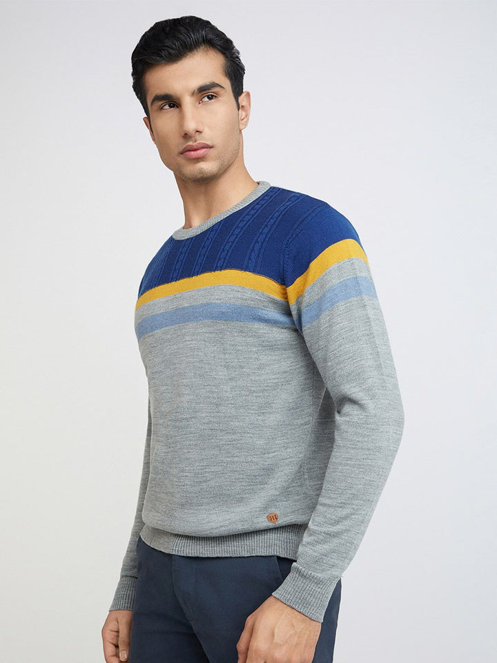 Raymond Men Grey Melange & Blue Colourblocked Pullover