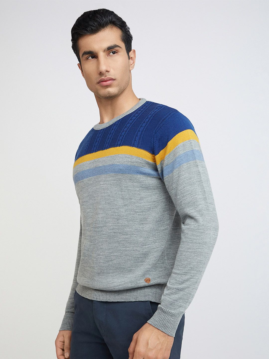 Raymond Men Grey Melange & Blue Colourblocked Pullover