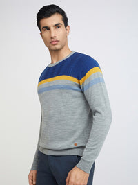 Raymond Men Grey Melange & Blue Colourblocked Pullover