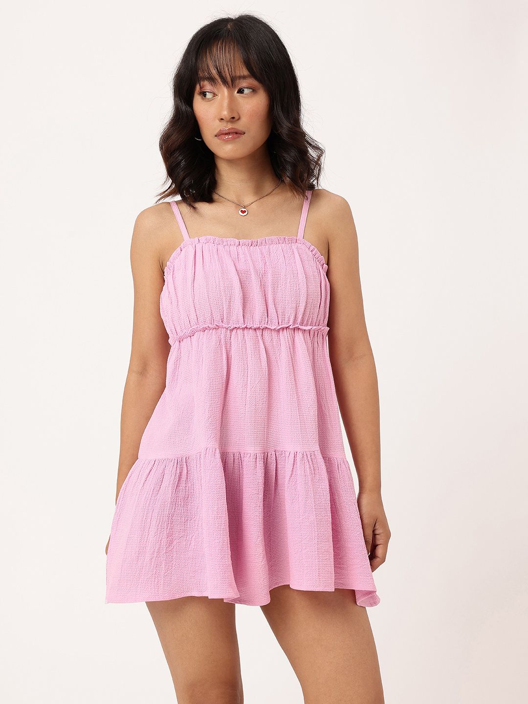 DressBerry Cute Chic Seersucker Ruched Flared Hem Tiered Mini Dress