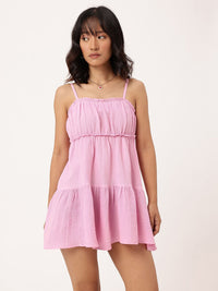 DressBerry Cute Chic Seersucker Ruched Flared Hem Tiered Mini Dress