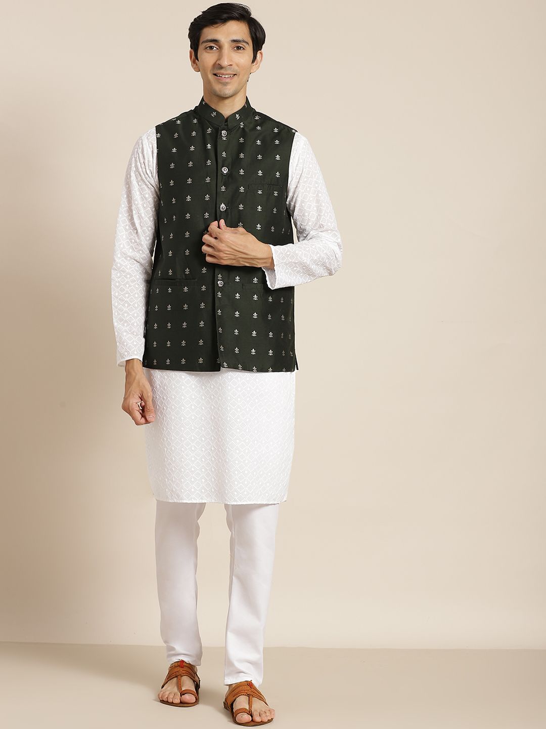 SOJANYA Men White Chikankari Pure Cotton Kurta with Churidar & Nehru Jacket