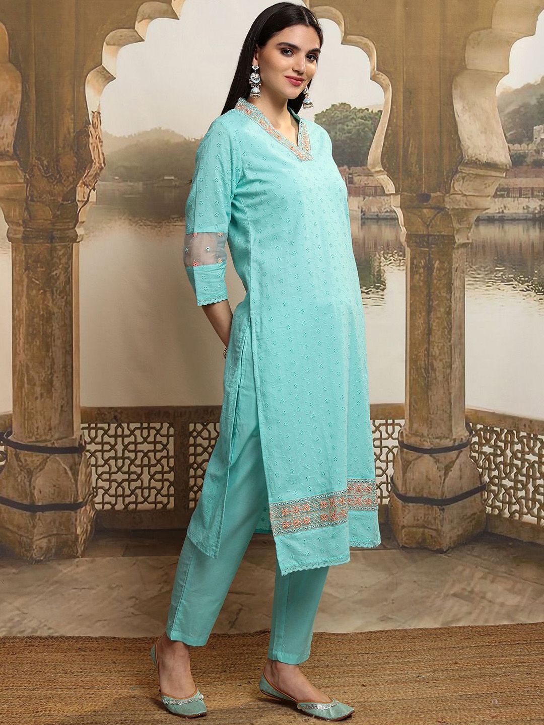 Vishudh Women Ethnic Motifs Embroidered  Thread Work Kurta with Trousers & With Dupatta