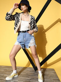 SASSAFRAS Women Beige & Black Animal Printed Crop Cardigan