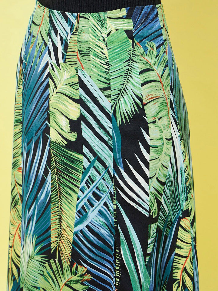 Berrylush Tropical Printed Front Slit A-Line Midi Skirt