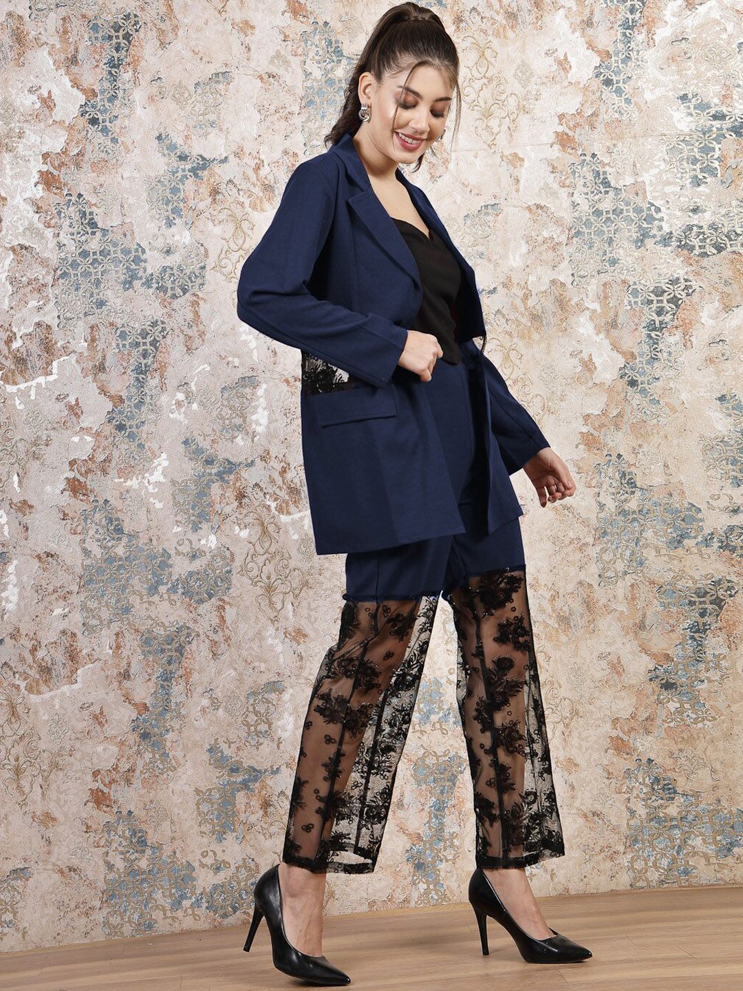 Athena Self Design Notched Lapel Collar Blazer With Trousers
