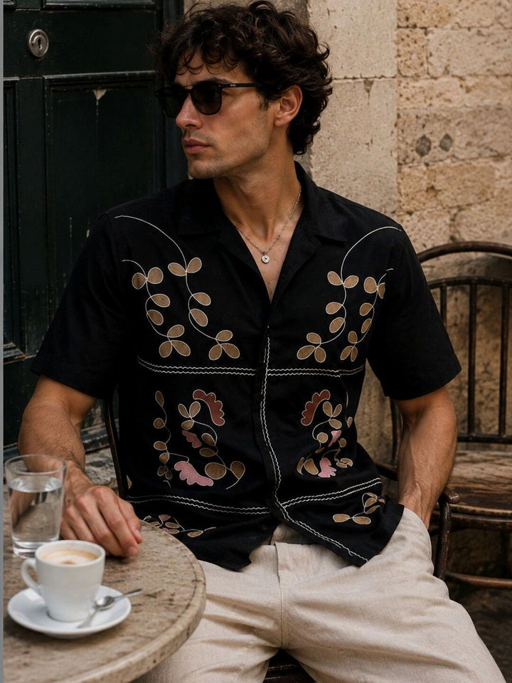 Eszett Men Floral Printed Cuban Collar Cotton Baju Kasual