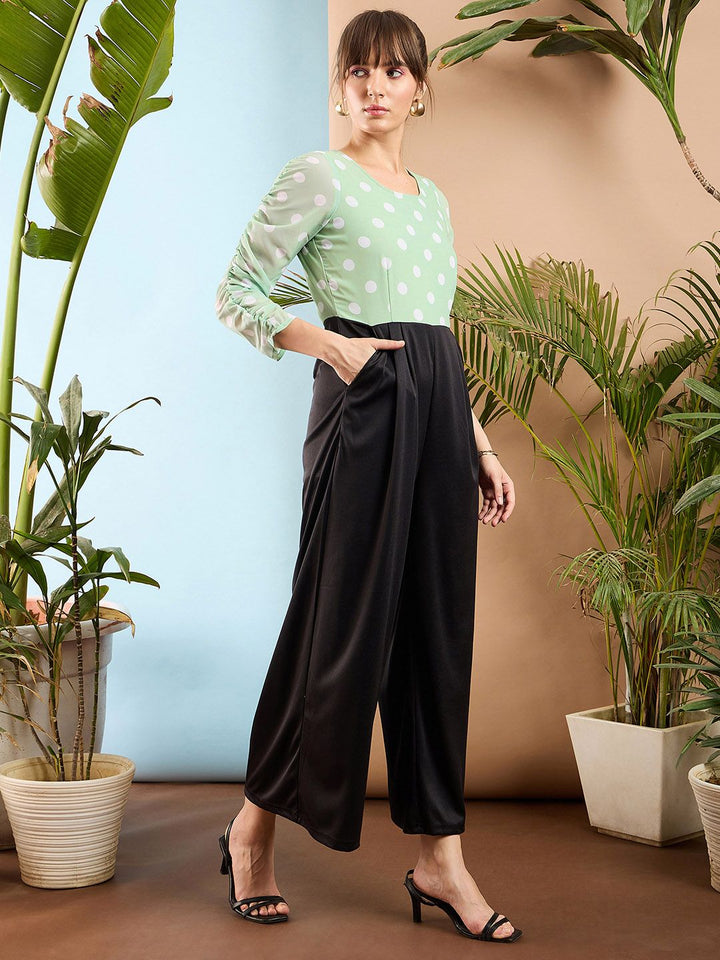 SASSAFRAS Sea Green and Black Colourblocked Smocked Jumpsuit
