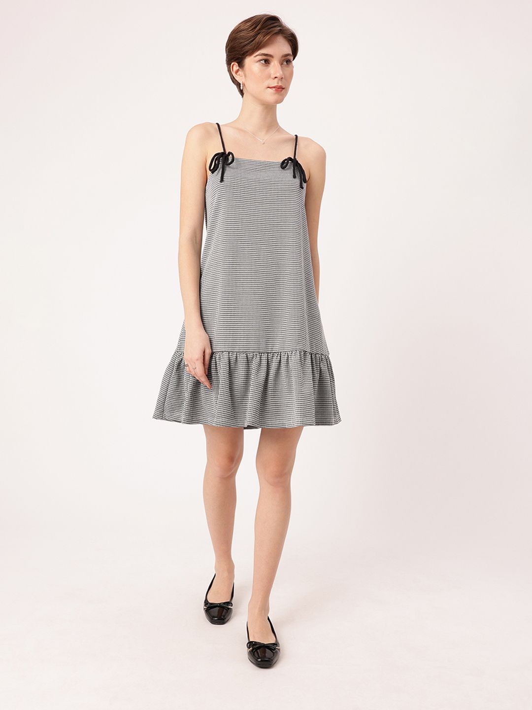 DressBerry Girly Touch Monochrome Strappy Bows Checked A-Line Mini Dress