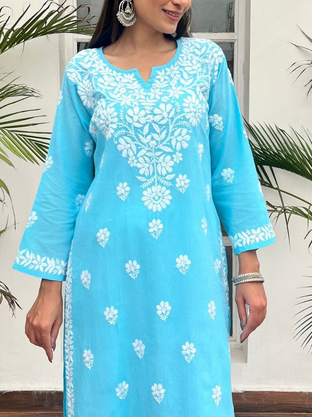 House of Chikankari Women Sky Blue Cotton Chikankari Embroidered Kurta