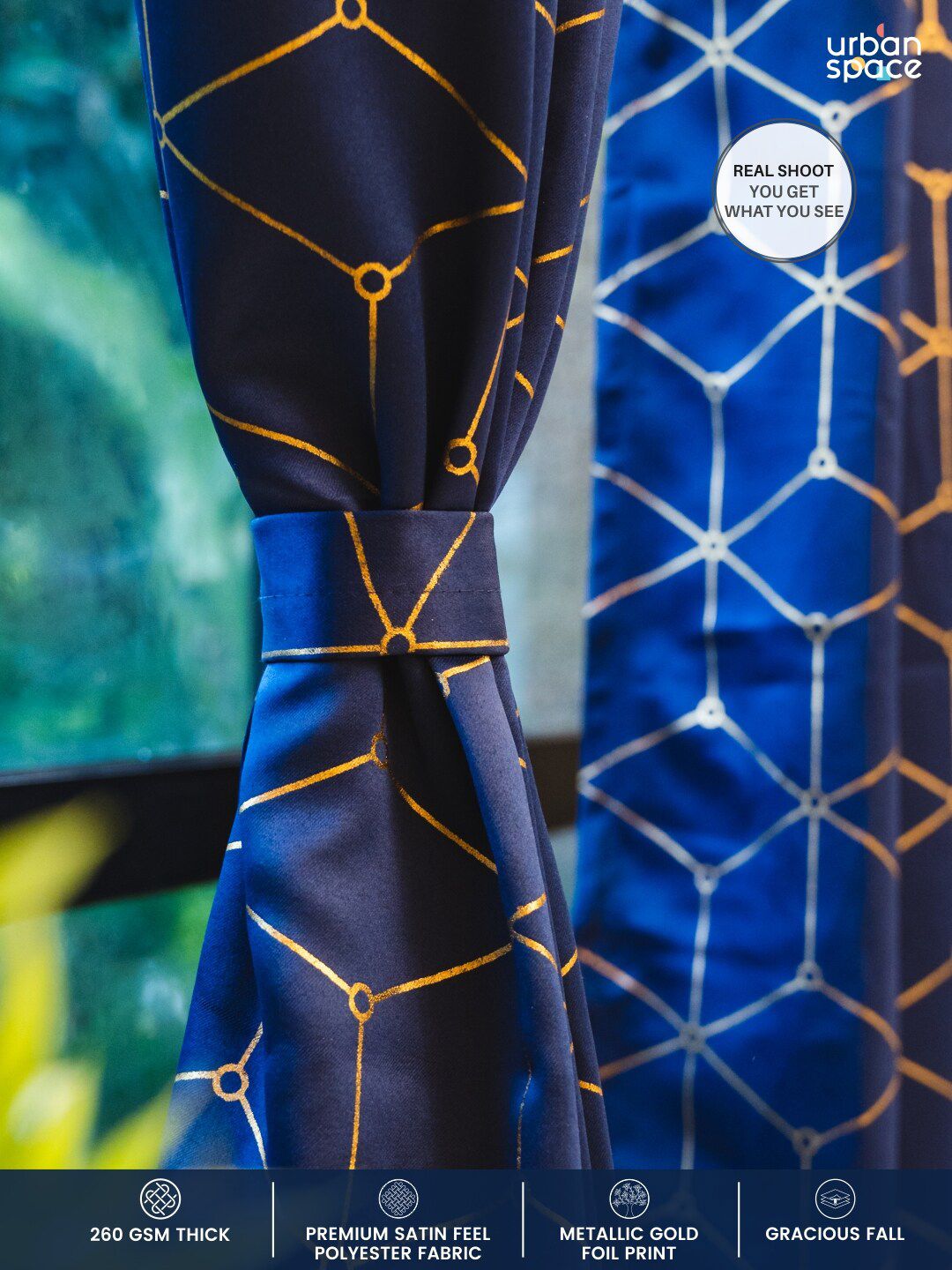 URBAN SPACE Navy Blue & Gold-Toned Geometric Black Out Door Curtain