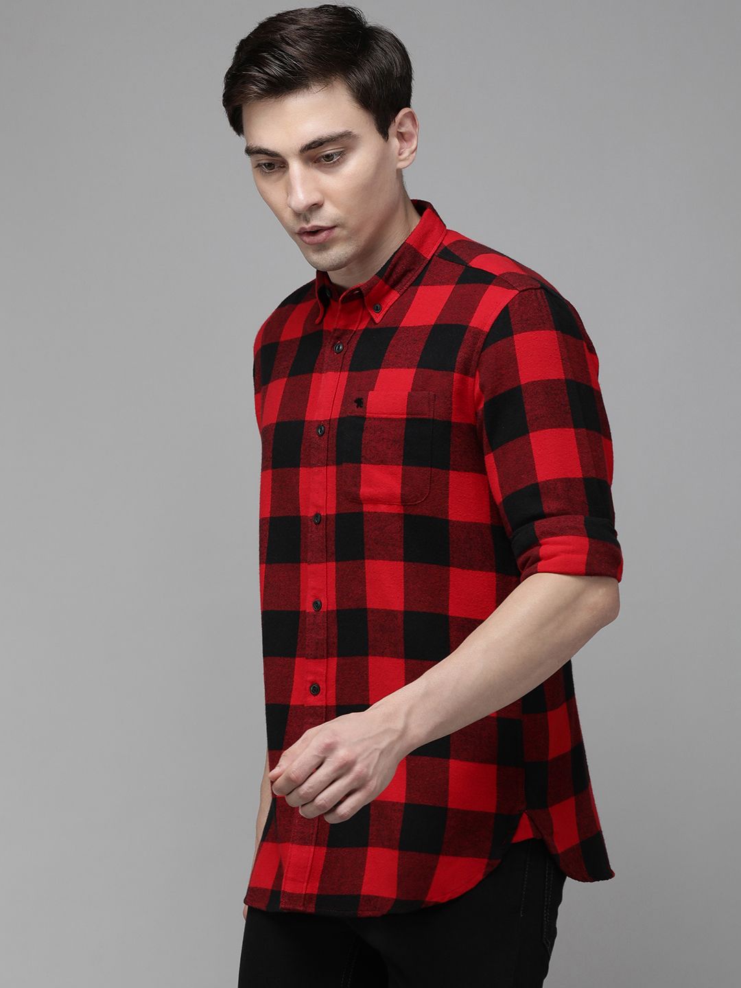 THE BEAR HOUSE Men Red Flannel Slim Fit Pure Cotton Checked Casual Shirt