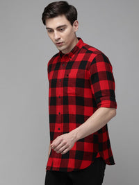 THE BEAR HOUSE Men Red Flannel Slim Fit Pure Cotton Checked Casual Shirt