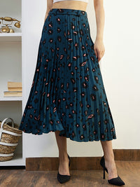 Berrylush Blue & Orange Animal Printed Accordion Pleated Flared Casual Midi A-Line Skirt
