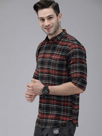 THE BEAR HOUSE Men Black & Red Slim Fit Tartan Checked Flannel Pure Cotton Casual Shirt