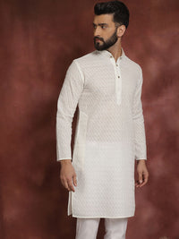 SOJANYA Men Cream-Coloured Embroidered Straight Kurta