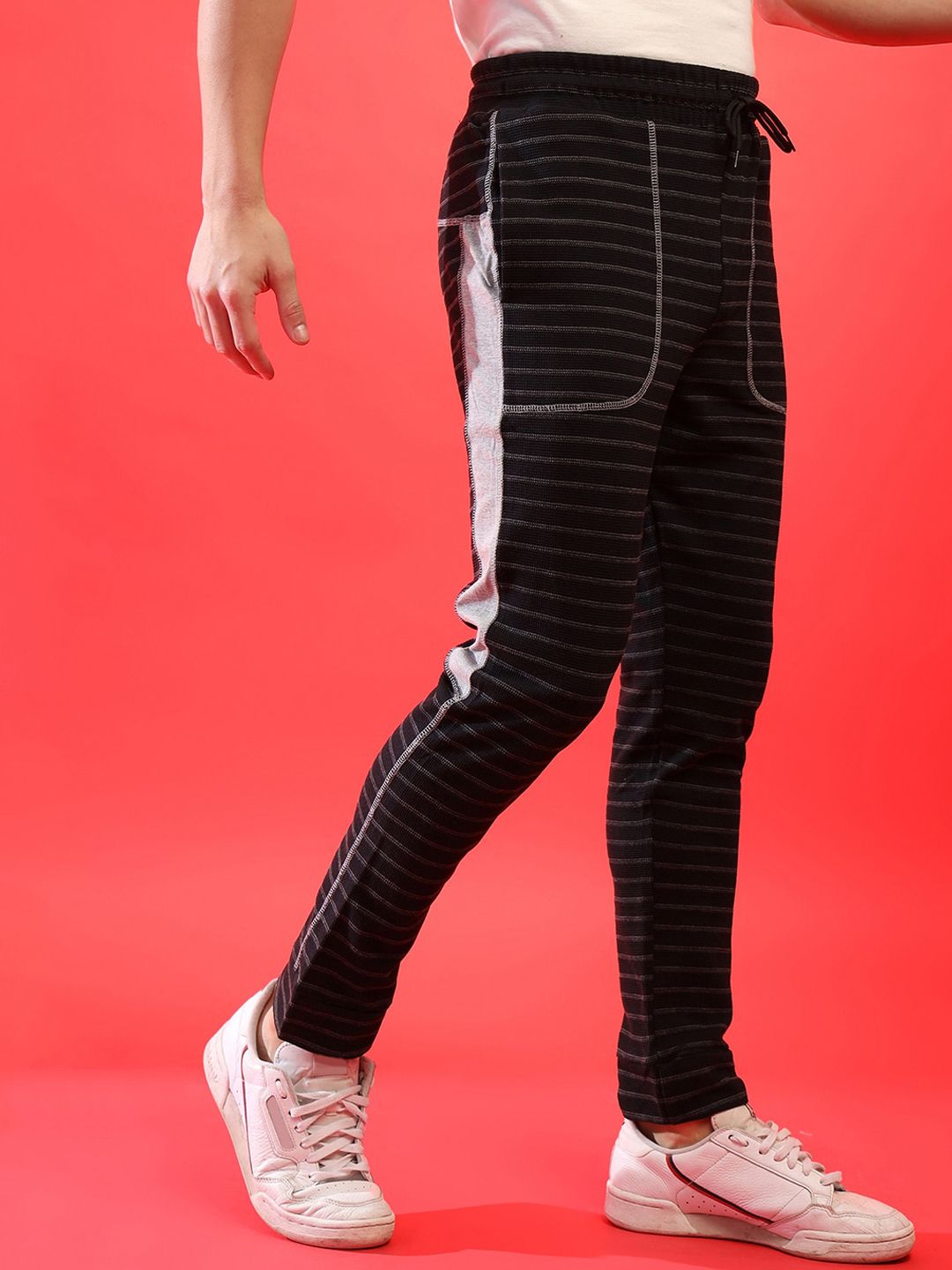 Campus Sutra Men Charcoal Black & Grey Striped Cotton Joggers