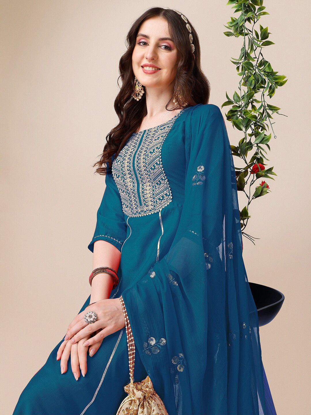 KALINI Round Neck Embroidered Gotta Patti Straight Kurta with Palazzos & With Dupatta