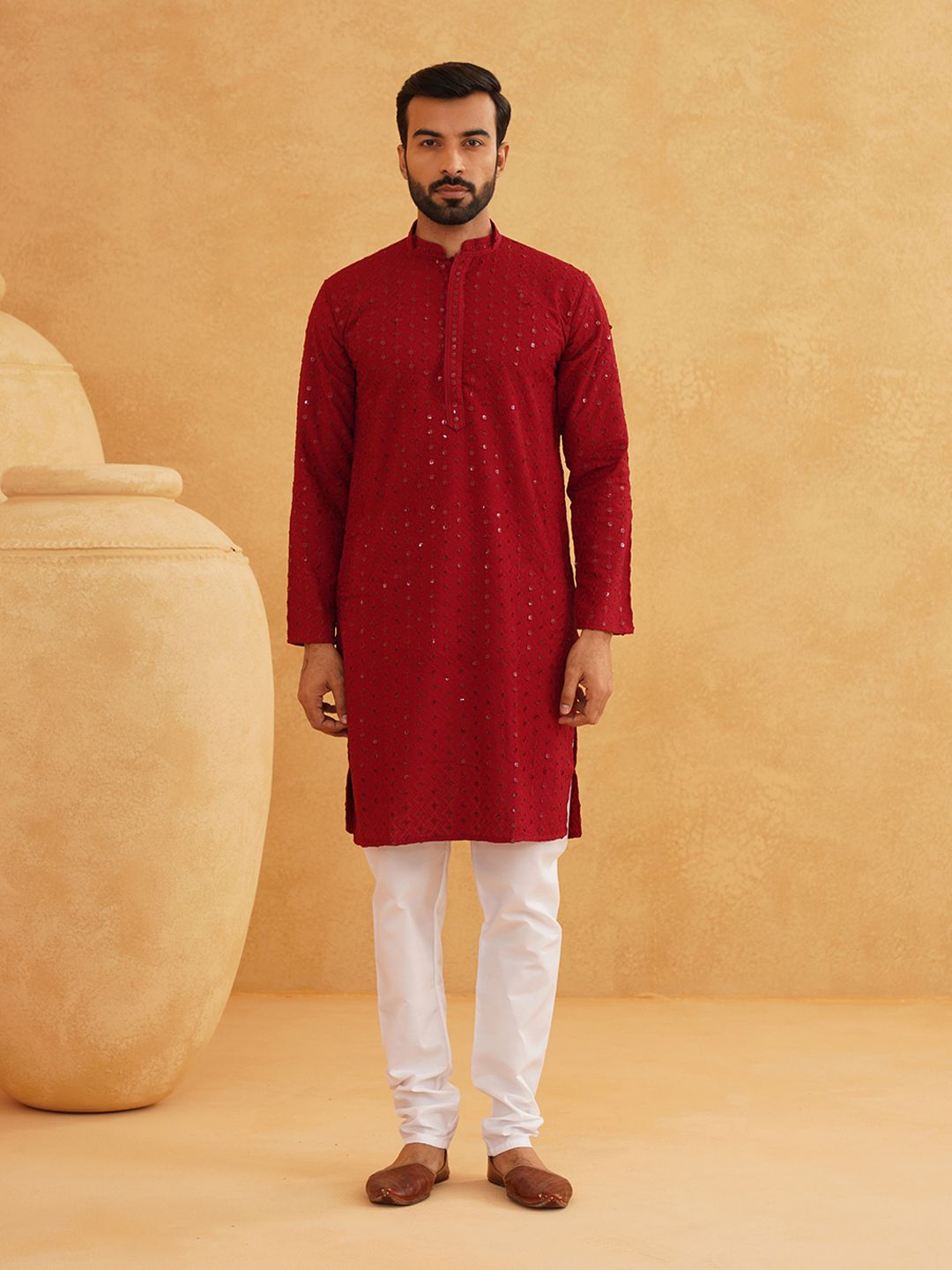 SOJANYA Kolar Mandarin Sulam Geometrik Lengan Panjang Kurta Kapas Tulen Dengan Churidar