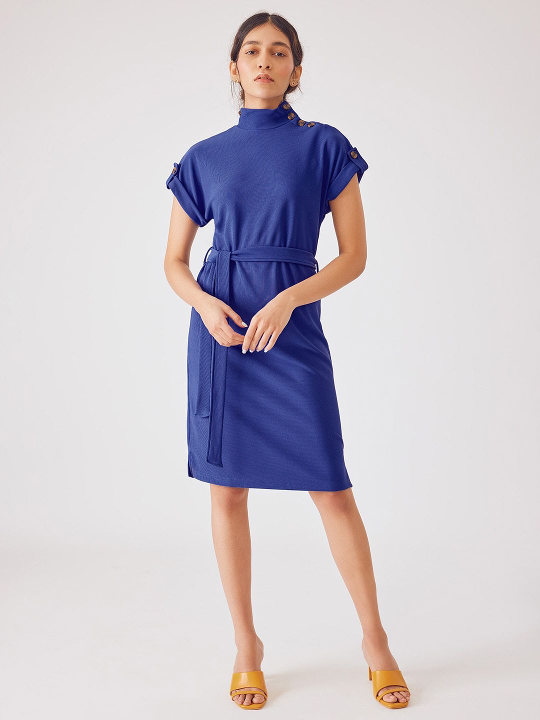 The Label Life High Neck Buttoned Details Sheath Dress With Belt