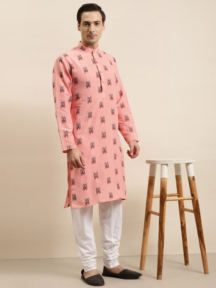 Sojanya Men Pink & Black Ikat Woven Design Pure Cotton Kurta