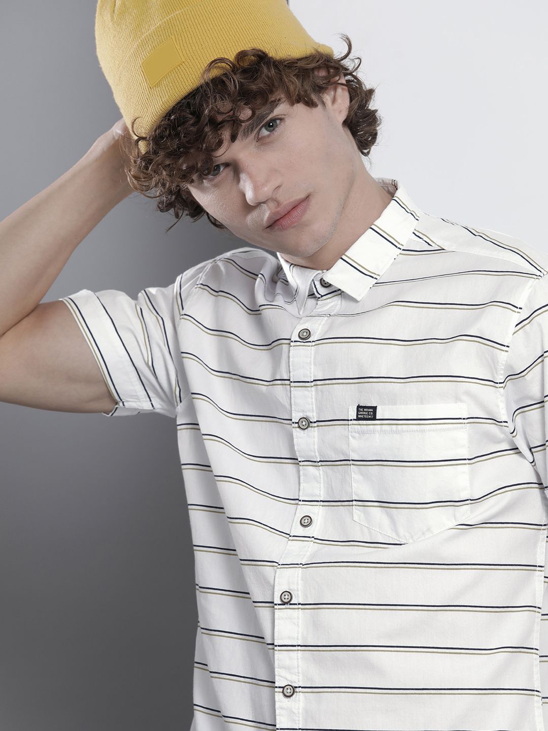 The Indian Garage Co Men White Cotton Striped Casual Shirt