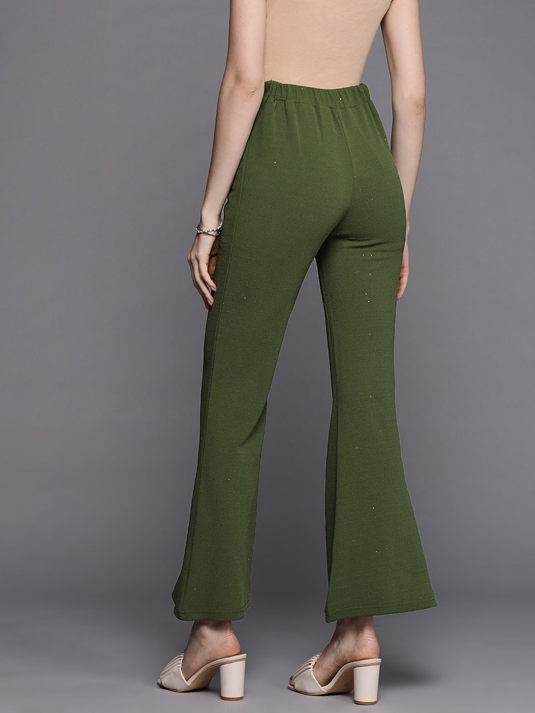 SASSAFRAS Women Olive Green Solid Slim Fit Shimmer Twisted Bootcut Trousers