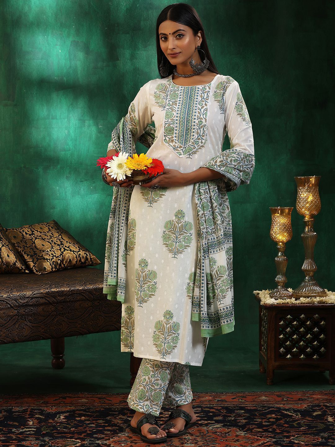 Libas Floral Printed Gotta Patti Pure Cotton Straight Kurta with Trousers & Dupatta