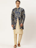SOJANYA Men Cream-Coloured Solid Kurta with Churidar & Ethnic Jacket