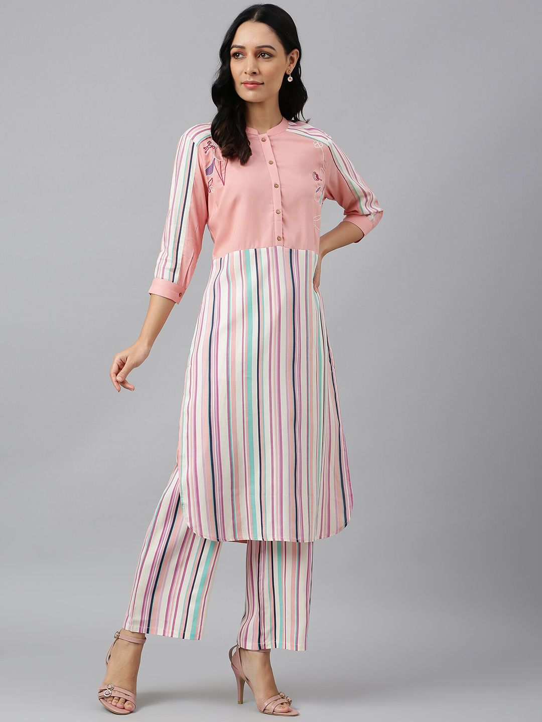 W Women Pink & Blue Striped Kurta