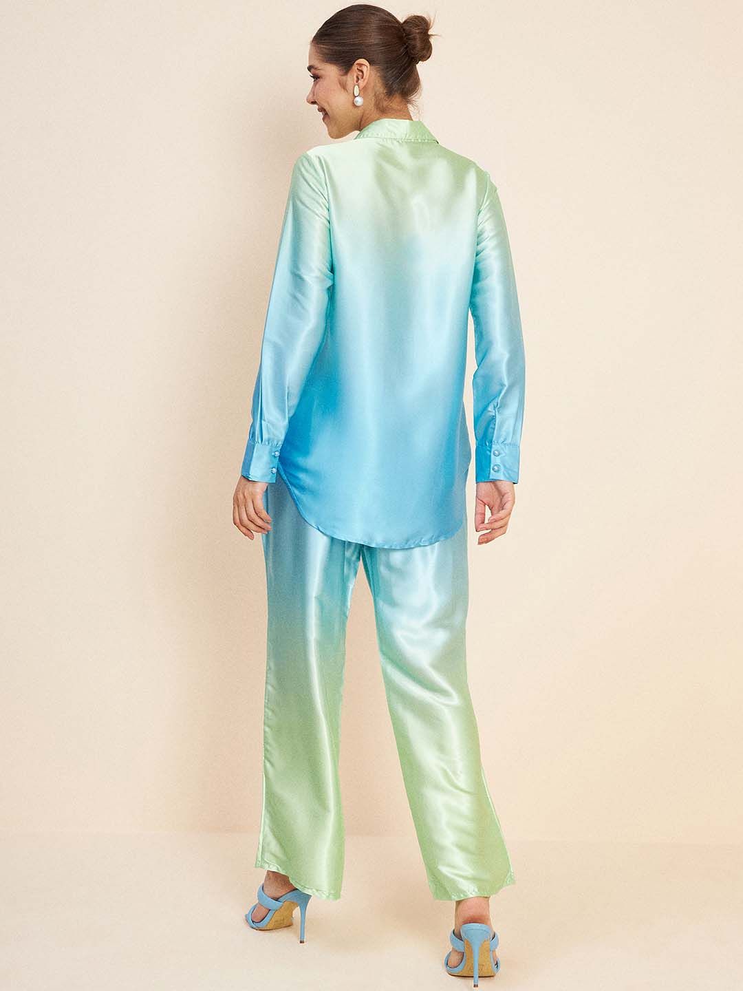 Antheaa Blue Ombre Printed Shirt Collar Long Sleeve Co-Ords