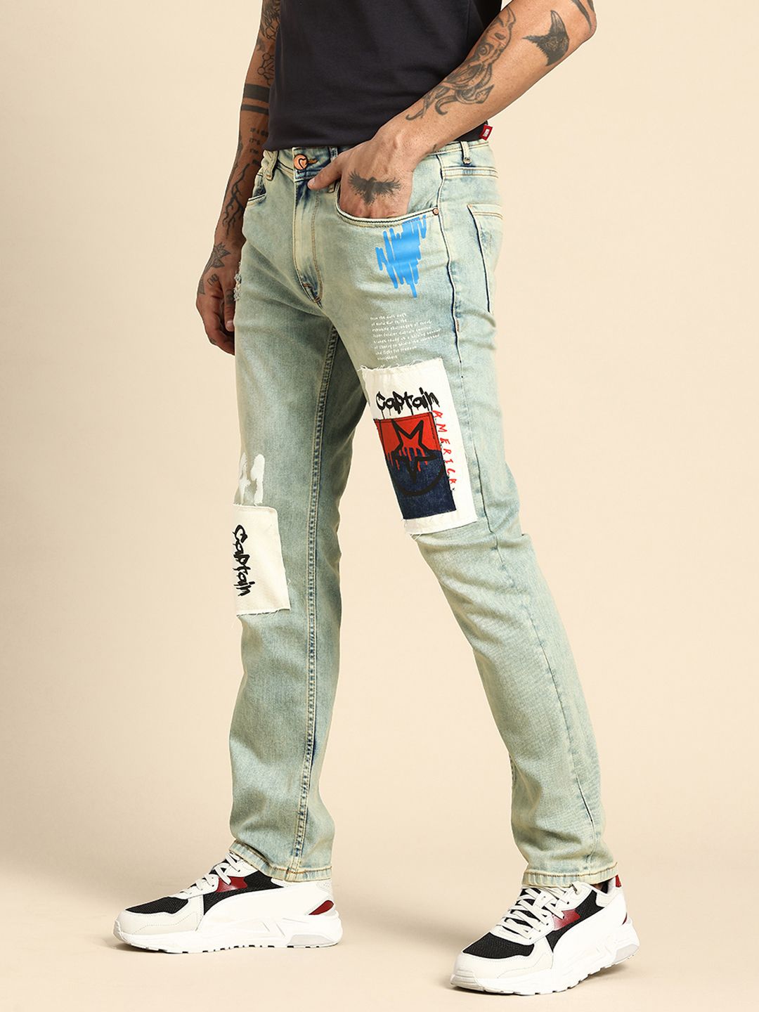Being Human Men Straight Fit Distressed Light Fade Patch Work Printed Stretchable Jeans