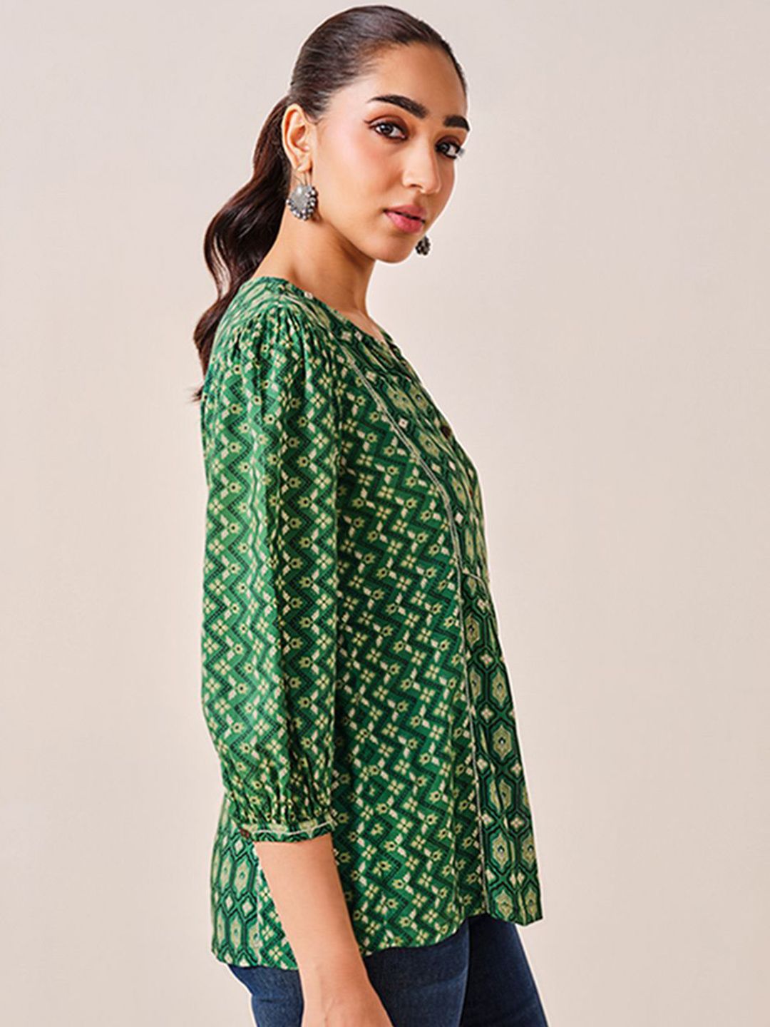 Global Desi Women Ethnic Motifs Print Mandarin Collar Puff Sleeve High-Low Top