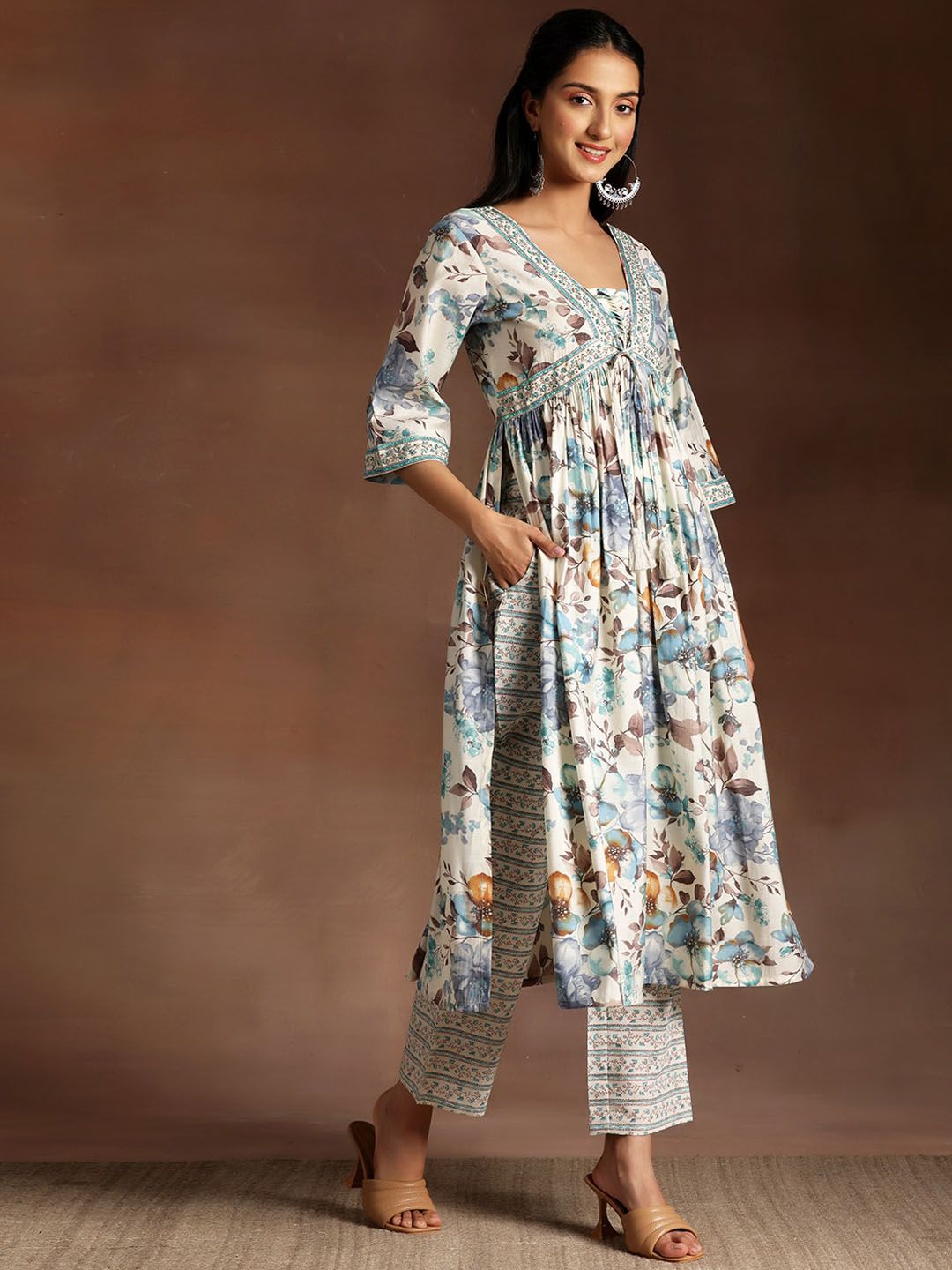 Libas Floral Printed Empire Sequinned Kurta with Palazzo & Dupatta