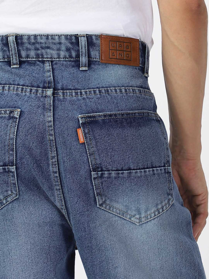 Urbano Fashion Men Pure Cotton Loose Relaxed Fit Slash Knee Heavy Fade Jeans