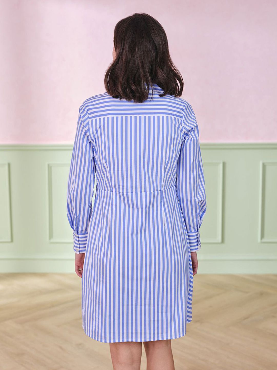 AND Striped Shirt Collar A-Line Dress