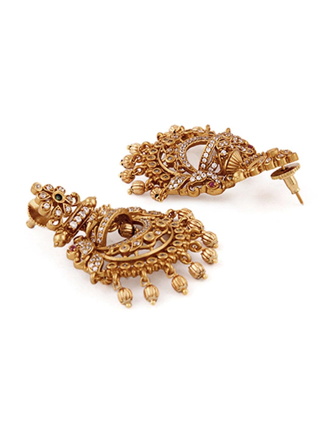 Rubans 22K Gold-Plated Emerald & Cubic Zirconia Studded Chandbali Earrings with Gold Beads