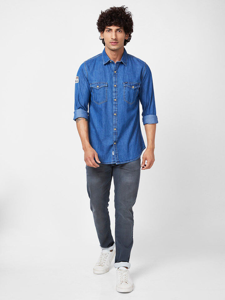 SPYKAR Graphic Printed Slim Fit Opaque Denim Casual Shirt