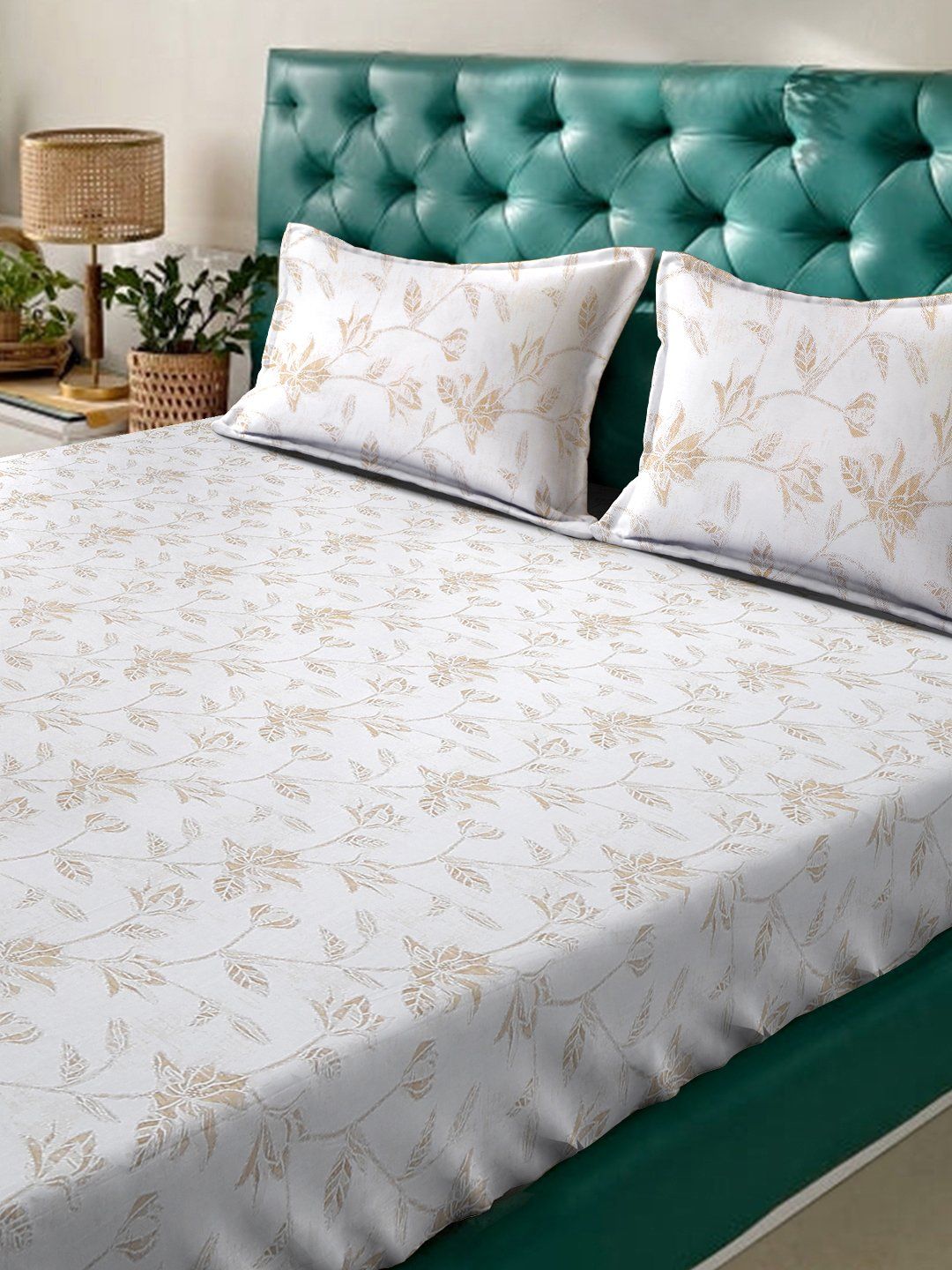 Myntra Elegant Homes White & Beige Floral 400 TC Bedsheet with 2 Pillow Covers