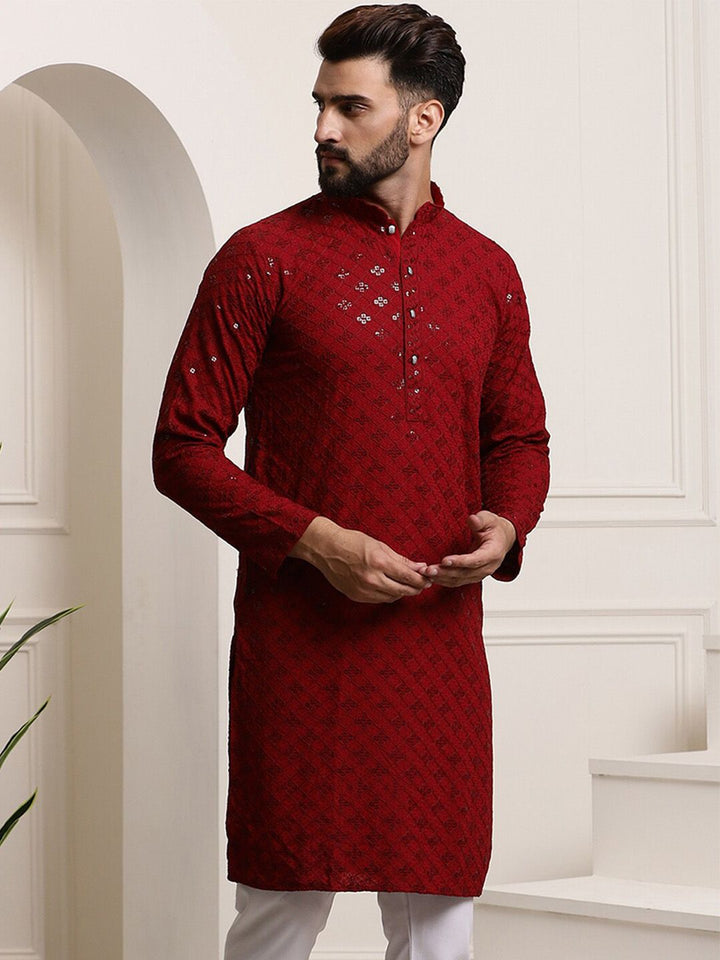 SOJANYA Geometric Embroidered Mandarin Collar Sequined Pure Cotton Straight Kurta