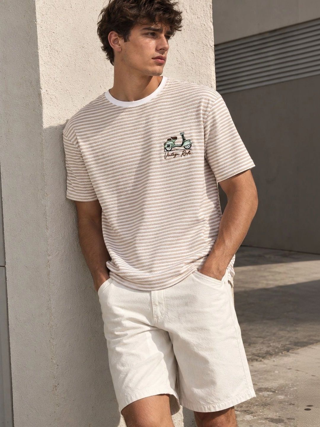Eszett Drop Shoulder Vintage Ride Cream Striped Embroidered Cotton Round Neck Oversized Fit T-shirt